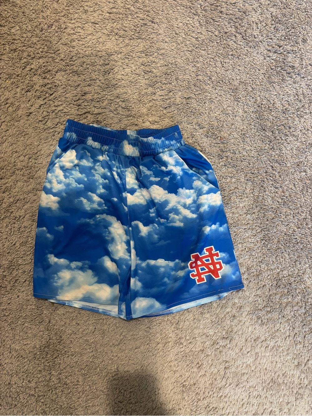 Kids Blue Cloud Print Athletic Shorts with Red Logo